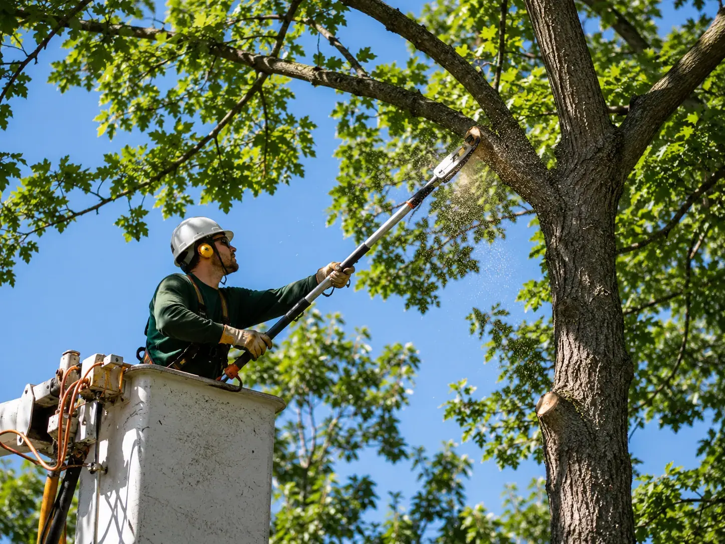 Arborist making a clean pruning cut in a healthy Nashville shade tree
